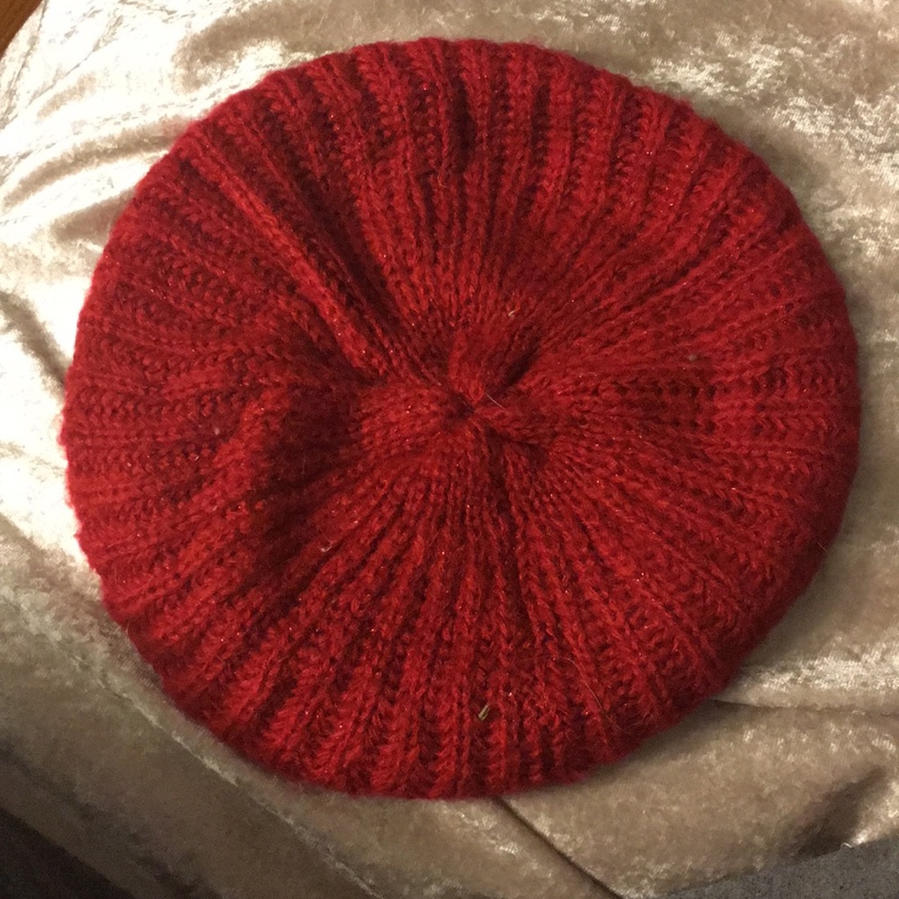 NWOT red with metallic red thread beret